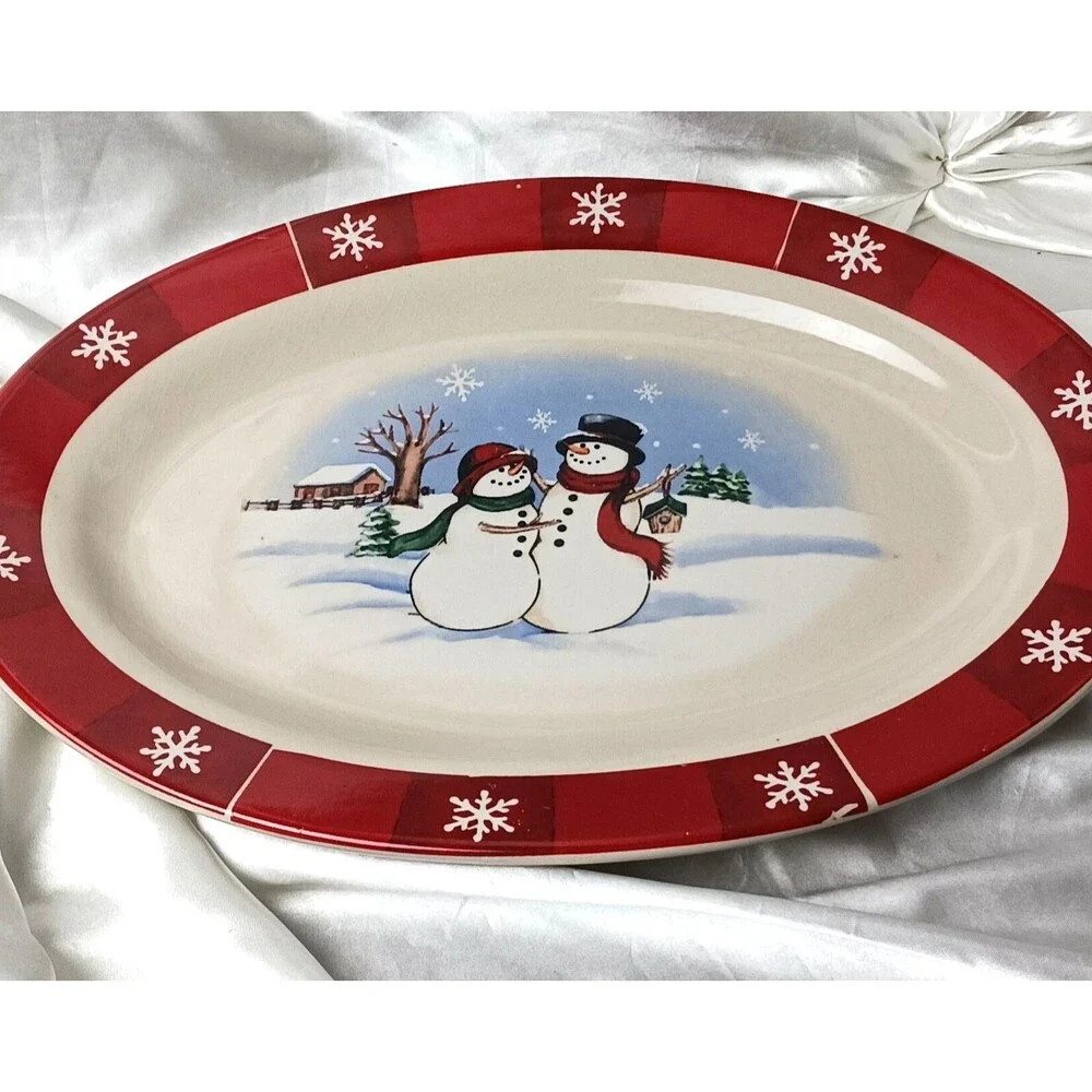 ROYAL SEASONS STONEWARE SNOWMAN 14'' OVAL  SERVING PLATTER-CRAZING